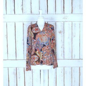 Vintage 90s brown blue boho paisley print long sleeve stretch pullover top